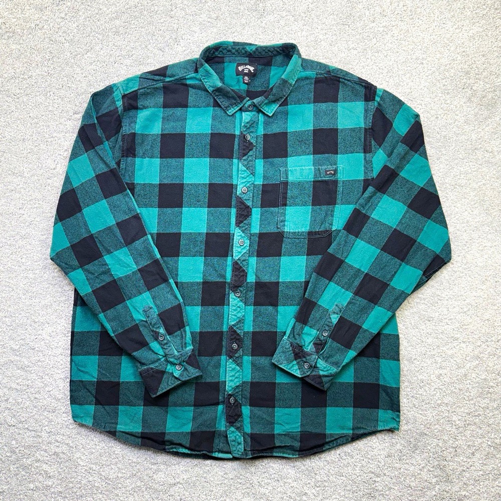 Billabong Men's Green Black Buffalo Plaid Long Sleeve Flannel Shirt XXL